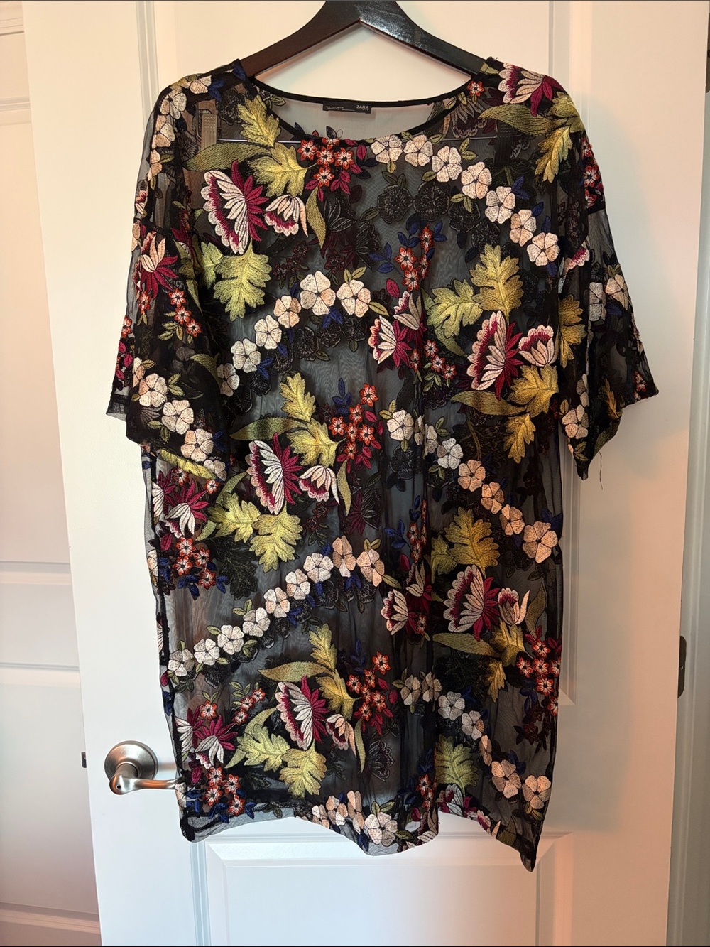 Zara Black Sheer Dress with Multicolor Floral Embroidery
